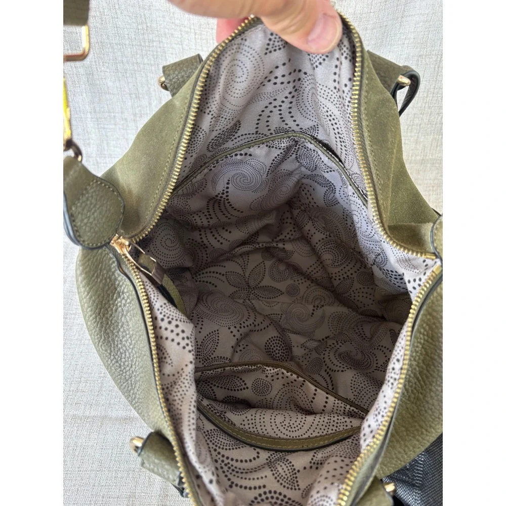 Mona Luxe Satchel Bag Womens Medium Olive Green Excellent Pebbled Faux Leather
